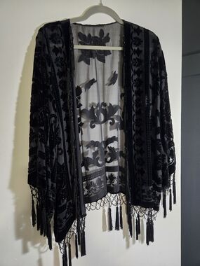 Black Sheer Velvet Burnout Fringe Kimono